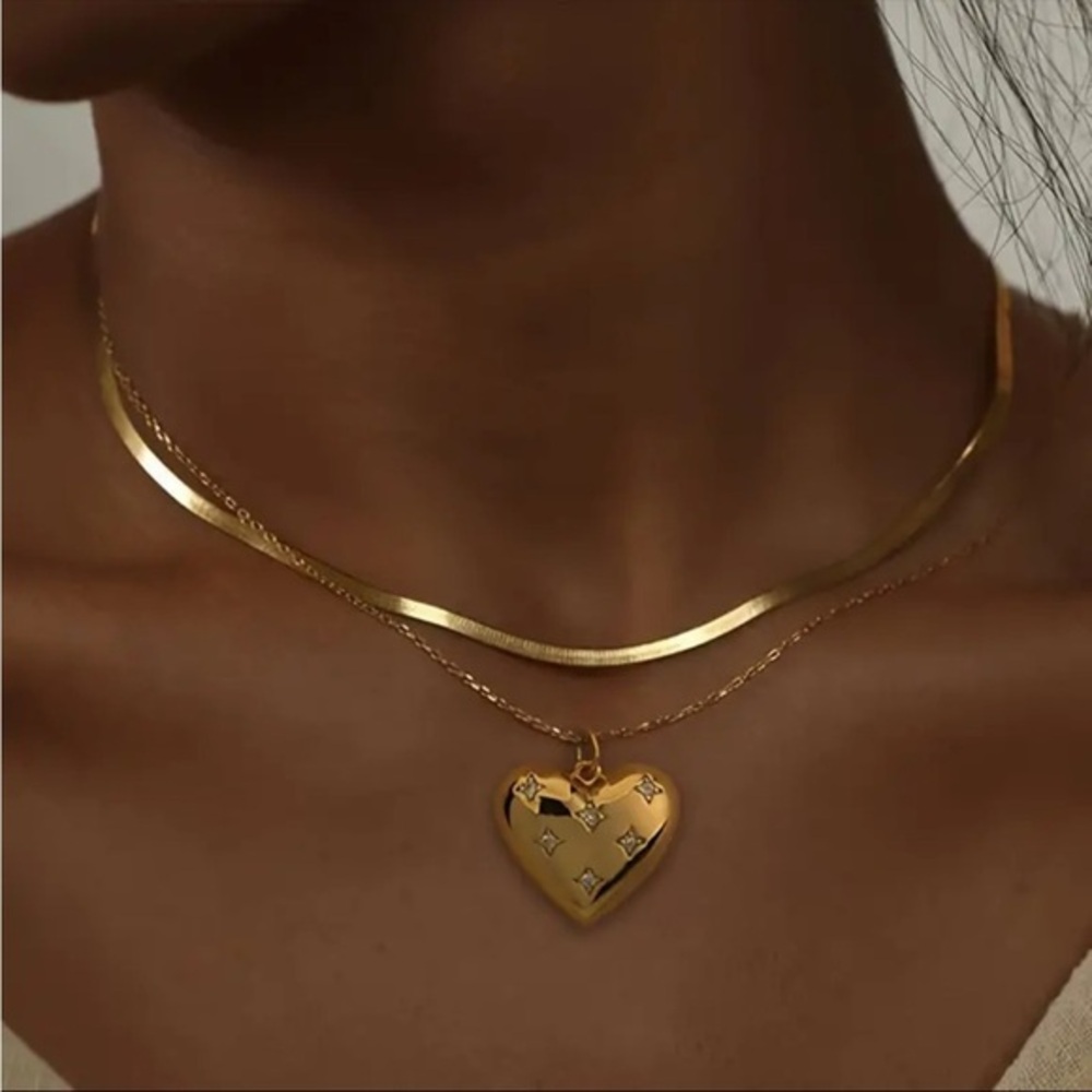 18K Gold Plated Layered Heart Necklace Set NWT